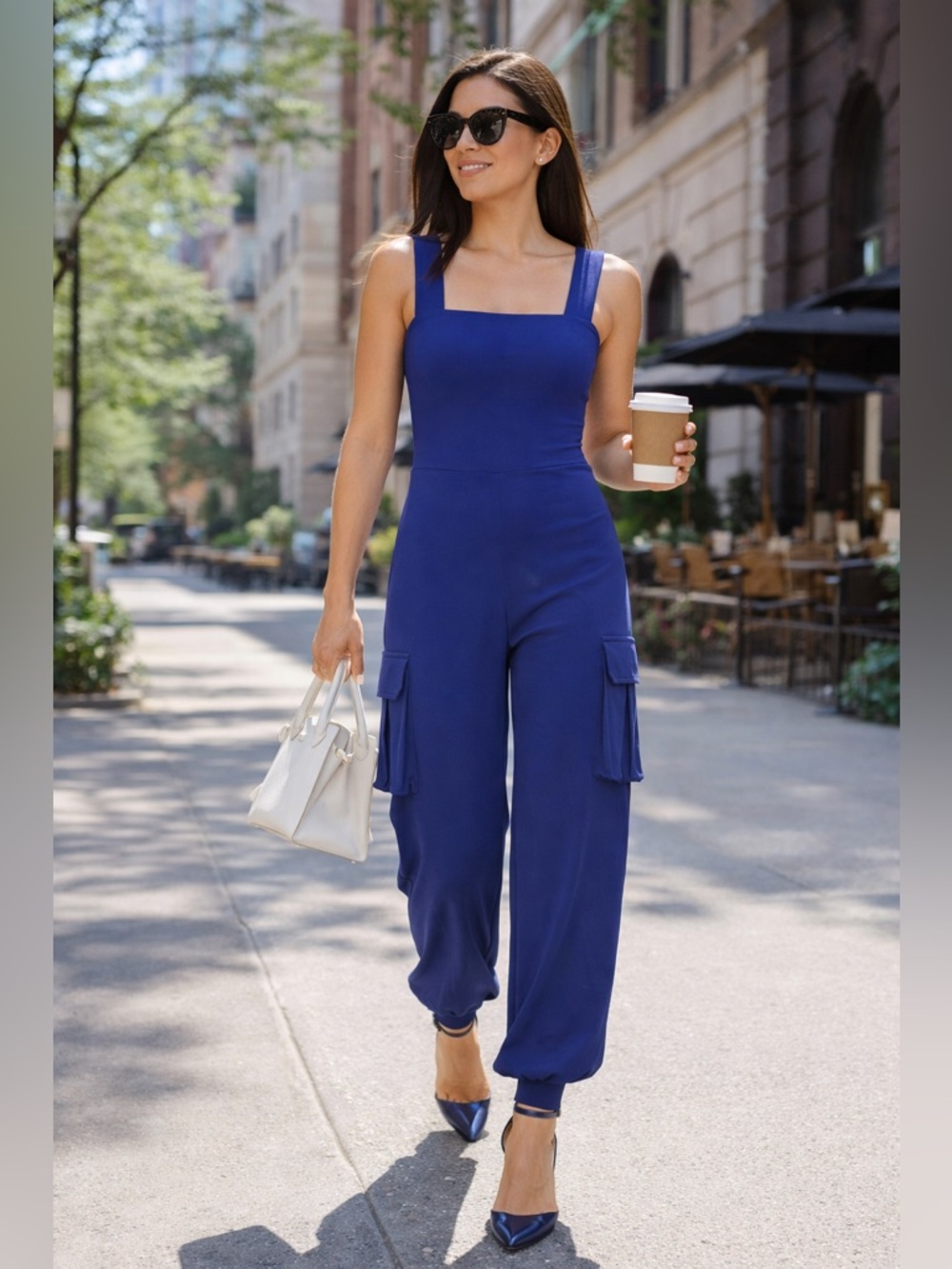 Susana Monaco NWT Cobalt Blue Stretch Jumpsuit Square Neck Cargo Pocket Ankle 12
